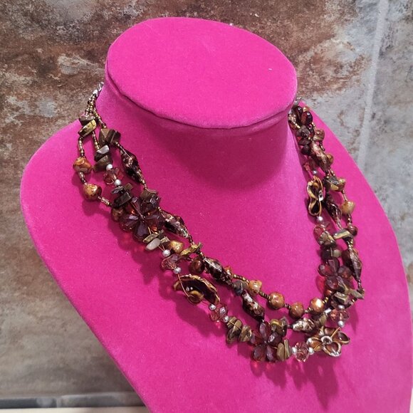 Multi Strand Beaded Necklace Brown Amber Bronze Beads - Picture 5 of 10